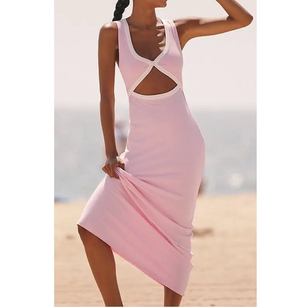 NEW L*SPACE Steph Sleeveless Ribbed Cutout Midi Dress Pink